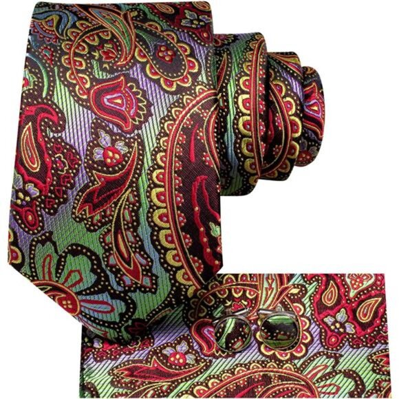Mens Tie and Lapel Pin Paisley Striped Floral Necktie for Men Pocket Square - Picture 5 of 8